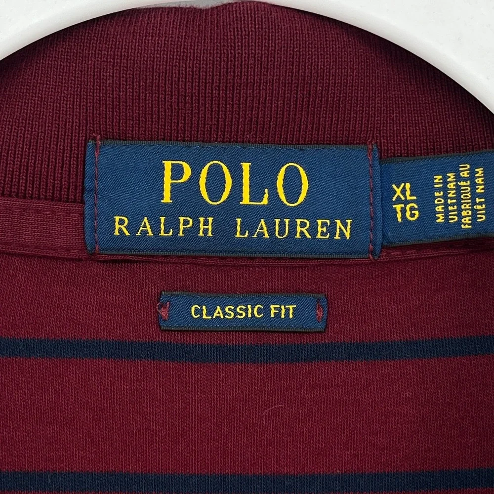 Polo Ralph Lauren Mens XL Classic Fit Burgundy Navy Striped‎ Golf Polo Pony Logo
